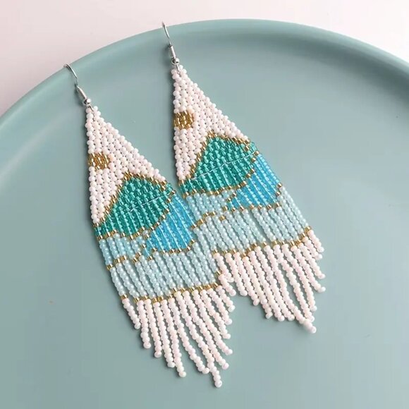 Boho Vintage Vibe Colorful Beaded Tassel Earrings - White, Green, Turquoise - Picture 1 of 4